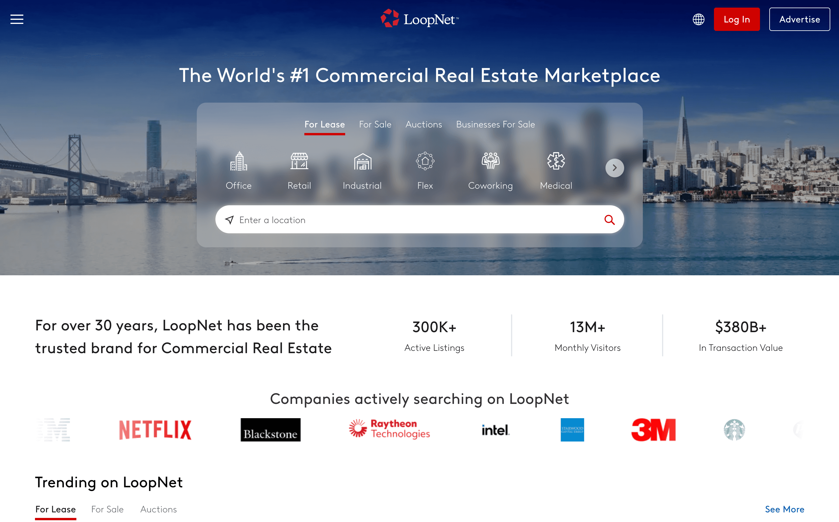Screenshot of the LoopNet homepage, showing its search interface for commercial real estate listings.