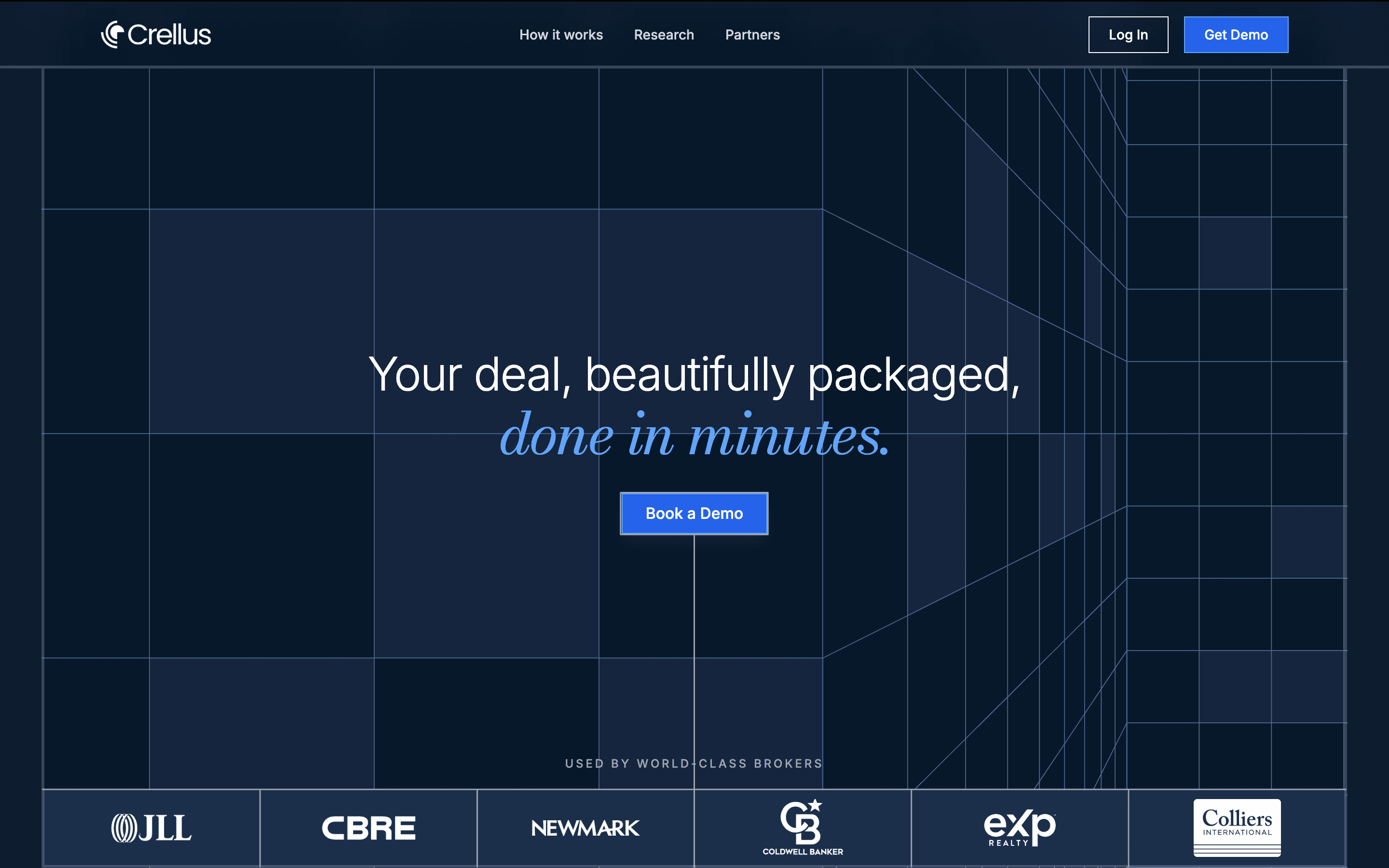 Screenshot of the Crellus website, which states 'Your deal, beautifully packaged, done in minutes.'