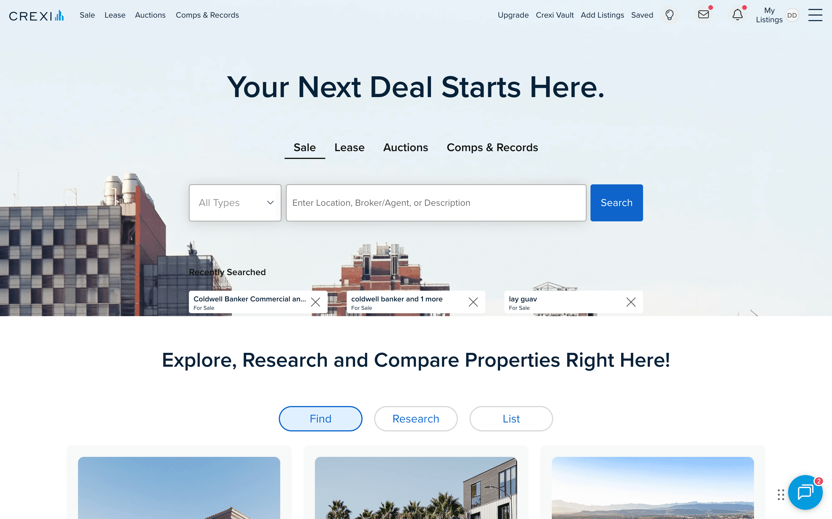 Screenshot of the Crexi commercial real estate marketplace homepage.